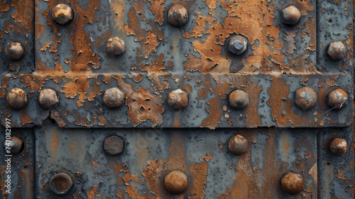 Close-up of aged metal, rust and rivets narrating stories of industry's endurance against time.