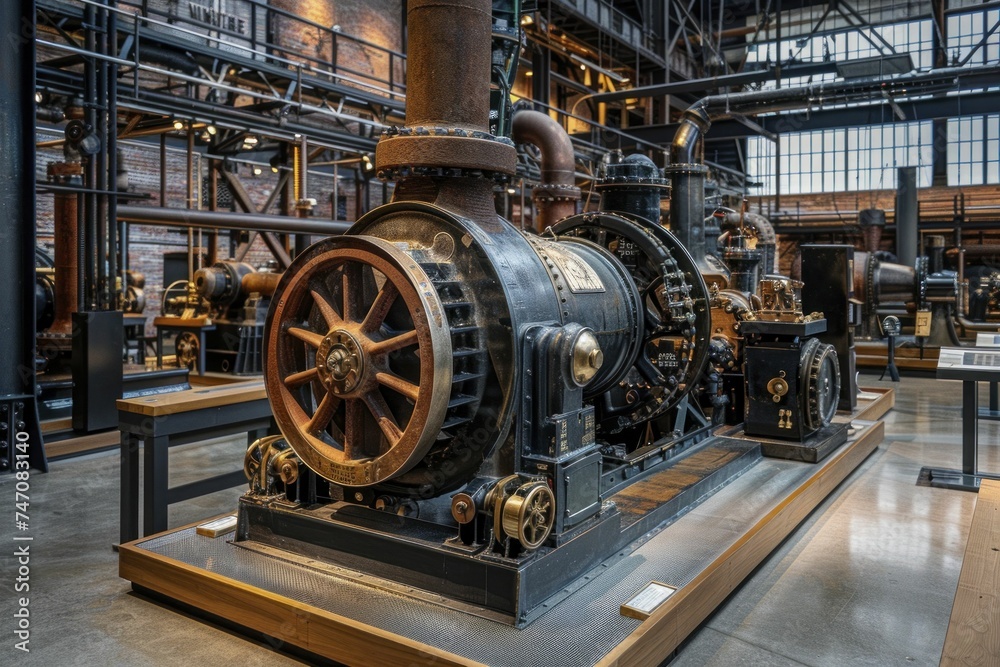 Preserved vintage industrial machinery in a museum setting nods to manufacturing heritage and modern industry roots.