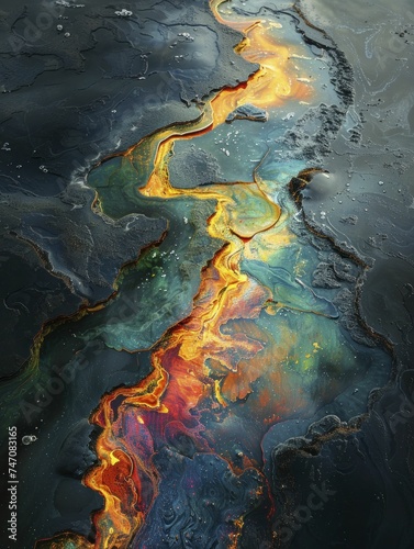 The oil spills on water create a mesmerizing yet haunting texture, reflecting industrial impact on nature.