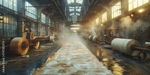 The paper mill chronicles the scent of fresh paper as pulp transforms into sheets amid a continuous flow of rollers. photo