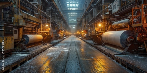 The paper mill's rollers transform pulp into sheets as the air carries a fresh paper scent. photo