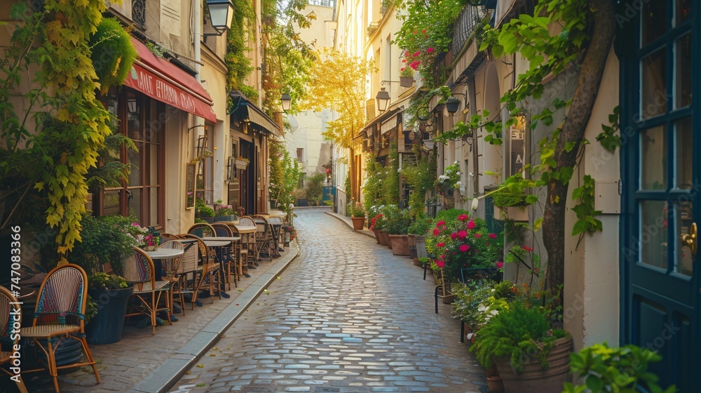 Fototapeta premium Charming Parisian neighborhood with iconic buildings and monuments.