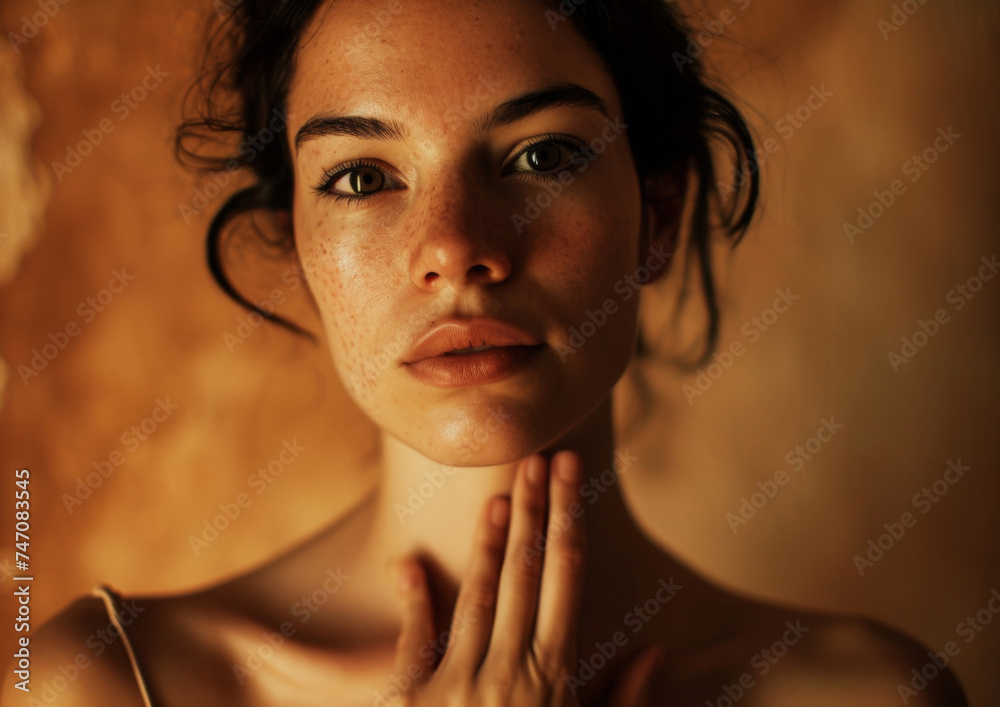 A close-up view captures the gentle expression of a young woman with freckled skin against a blurred background A close-up view captures the gentle expression of a young woman with freckled skin against a blurred background