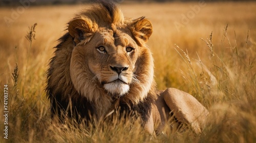 Lion relax in the meadow before sunset