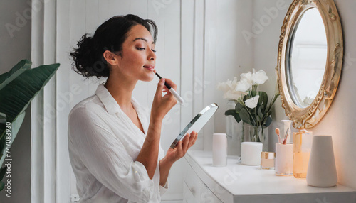 woman applying make up; white minimal room; attractive woman applying lipstick or gloss