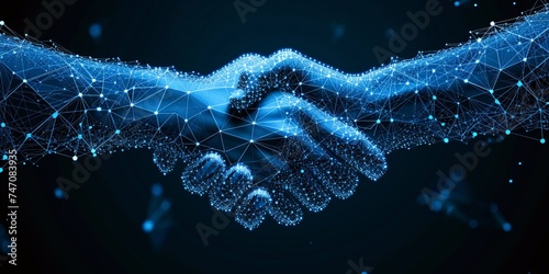Business collaboration represented by a digital handshake between two hands on a blue tech backdrop with a 3D polygonal grid.