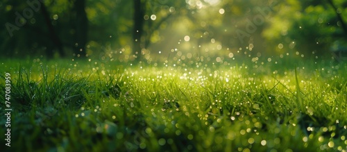 A grassy field is covered in glistening water droplets, creating a shimmering effect under the morning sunlight. The dew enhances the vibrant green color of the grass, adding a fresh and rejuvenating