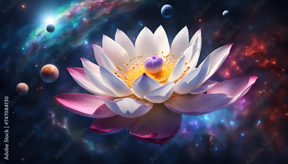Lotus Blüte geöffnet Blume Erkenntnis weiß glänzend vor Hintergrund Universum leuchtender Sterne Galaxien Lilie Wasser Spirituelle Erkenntnis neue Erde Erwachen Achtsamkeit Erleuchtung Buddha  - obrazy, fototapety, plakaty 