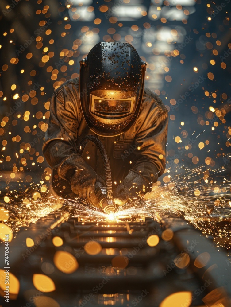 In a dim maintenance bay, a welder's sparks signify resilience and repair.