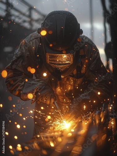 In a dim bay, a welder's sparks repair, showing resilience in each spark.