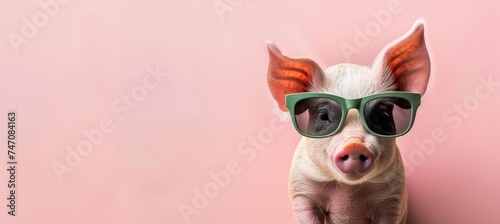 Funny pig wearing sunglasses on pastel color background with copy space for text placement