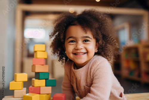 A lifestyle photograph of a young African American toddler playing with colorful wooden block toys © Darya