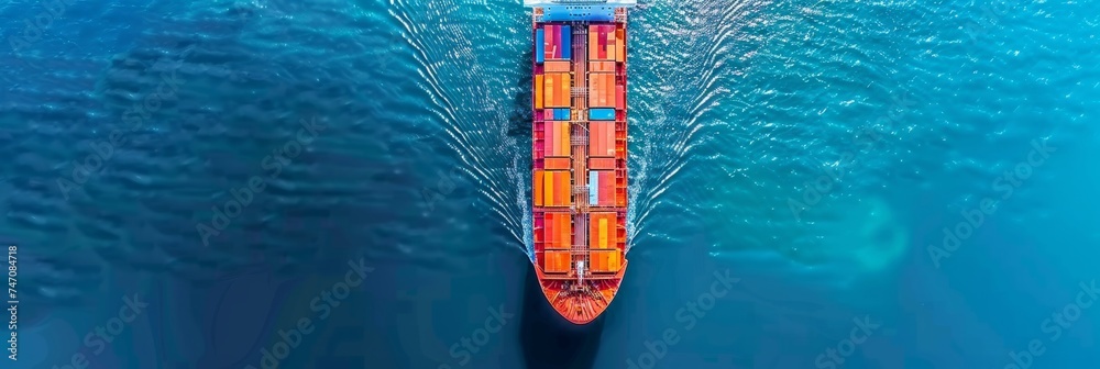 Aerial view of vibrant container cargo ship in blue sea with copy space for text placement