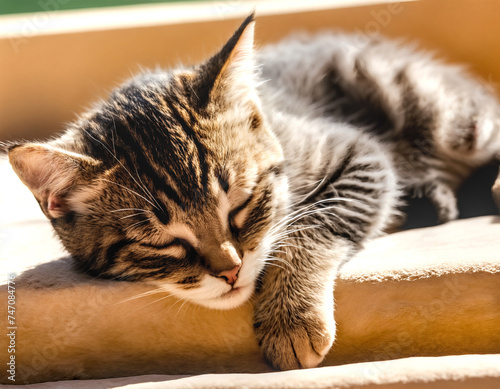 A cute cat sleeping in the sunlight. Peaceful rest. Concepts of relaxation, comfort and tranquility.