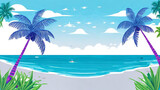 Frame Illustration of a vibrant tropical beach with blue palm trees, clear turquoise water, white sand, and a bright sky with fluffy clouds.