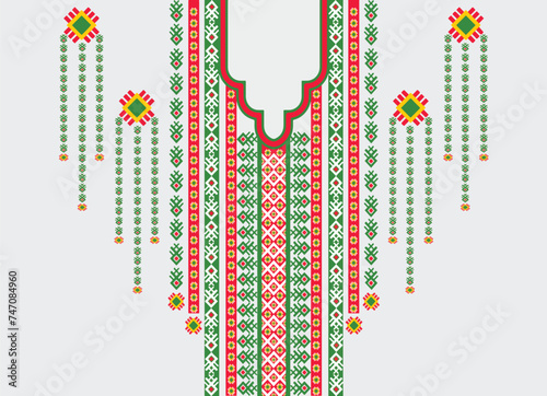 Floral Neckline Pattern Red green festoon pattern in traditional geometric pattern, abstract Aztec style vector illustration design for fashion woman wearing decorated clothing.