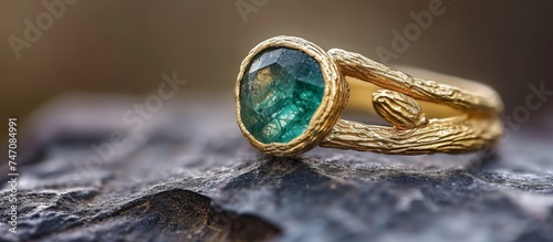 A gold ring with a green stone, a natural material, sits atop a rock. This body jewelry can be used as a pre-engagement or wedding ring, adding a pop of electric blue to your fashion.