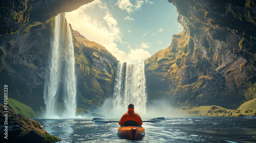 beautiful scenery man kayak with waterfall 