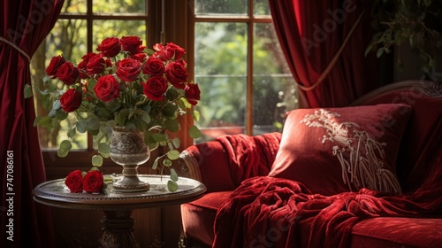 Bouquet of beautiful red roses in a royal palace. Bright blooming roses in a luxury vase.  Red house interior decorated by vivid red roses in an expensive decorative vase. Kings palace with flowers.