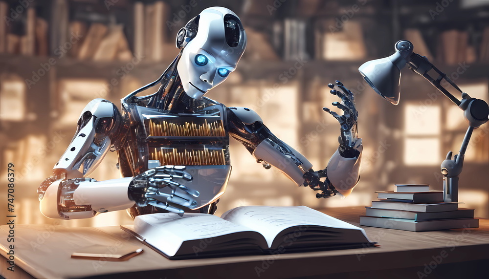 3d illustration of robot hominoid reading book and solving math data analytics in concept of future - obrazy, fototapety, plakaty 
