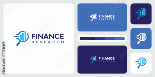 Vector logo design illustration of magnifying glass shape and growth graph with movement effect.