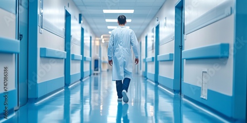 Male physician strolling down hallway in medical facility. photo