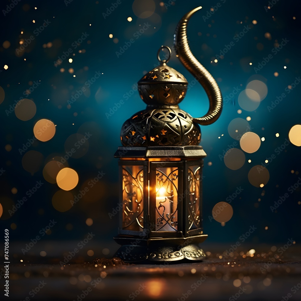 islamic lantern against the serene backdrop of a crescent moon and starry night sky