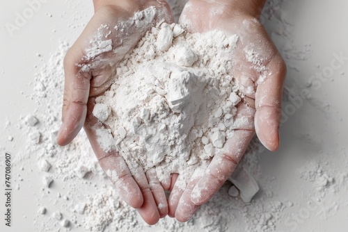 White Gypsum Powder in Hands, Clay or Diatomite Isolated, Hands Hold Powdered Chemicals, AI photo