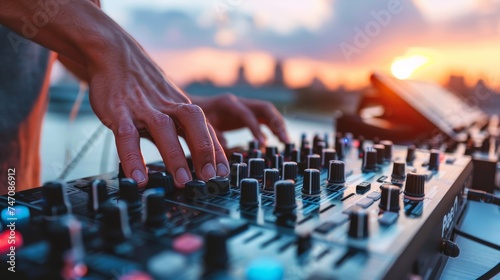 Dj mixing at outdoor beach party festival with energetic crowd of people enjoying music and dance