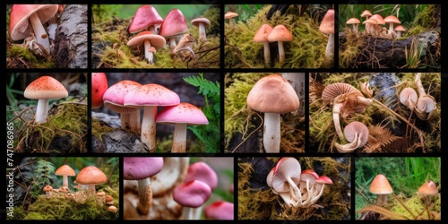 Wild Edible Mushrooms Collage. Various Mushroom Hunting Photo Collection