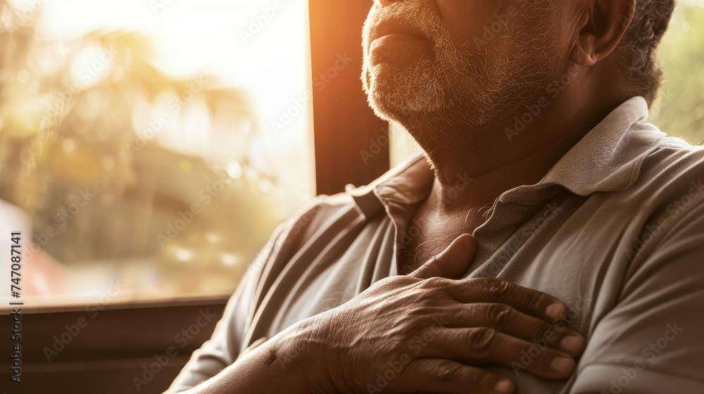 Acid Reflux After a Meal An individual leaning back, hand on their chest, experiencing the