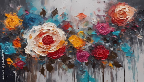 Colorful modern artwork  flowers and roses abstract paint strokes  oil painting on canvas. Acrylic