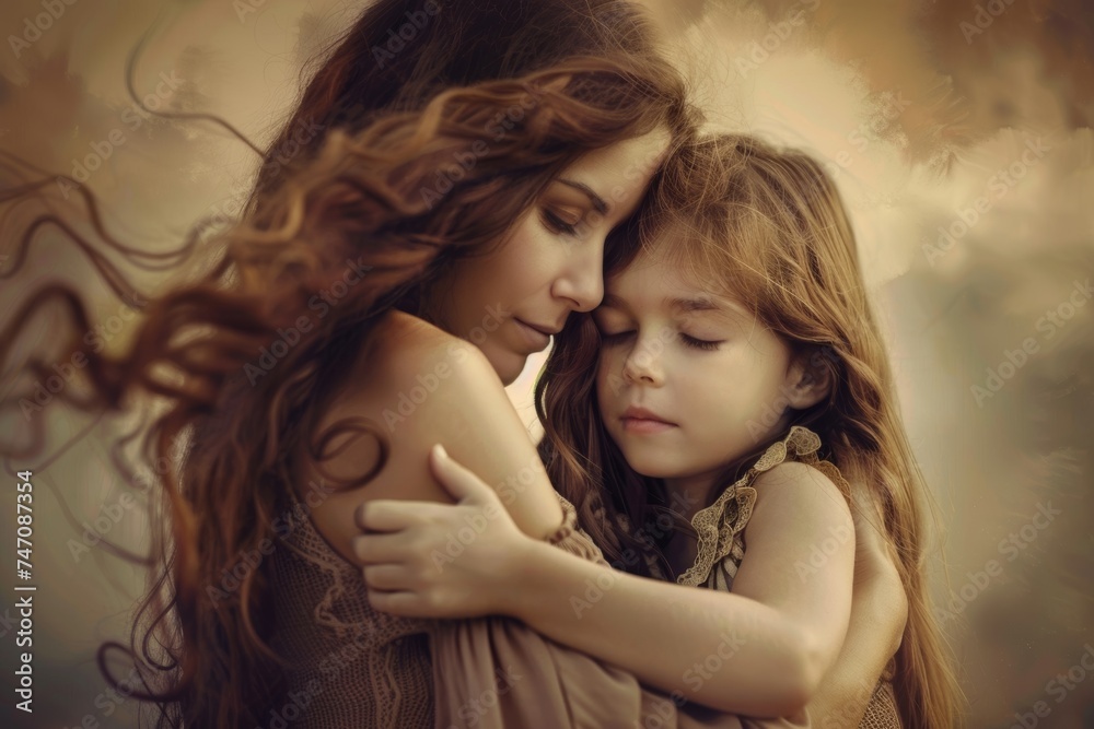 Mother Embracing Young Girl With Long Hair. Generative AI