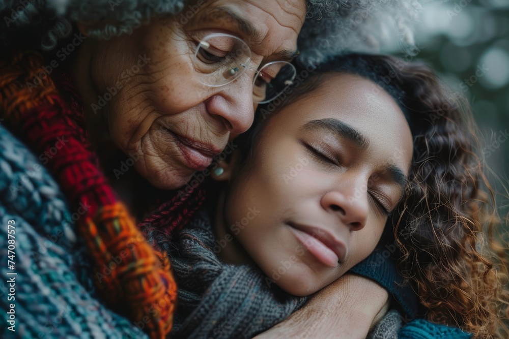 Obraz premium Older Woman Hugging Younger Woman. Generative AI