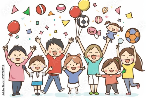 Cartoon cute doodles of parents cheering on their children at sports games and school events, Generative AI