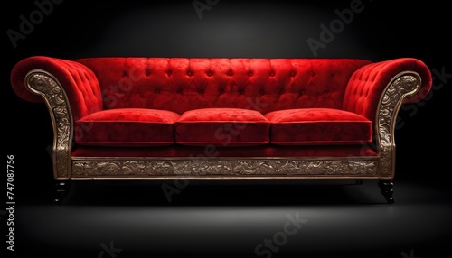 Red sofa isolated on dark and black backgound