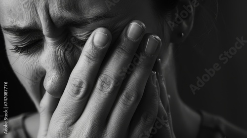 Toothache Agony - A person clutching their cheek and closing their eyes tightly, overwhelmed by a sudden toothache. photo