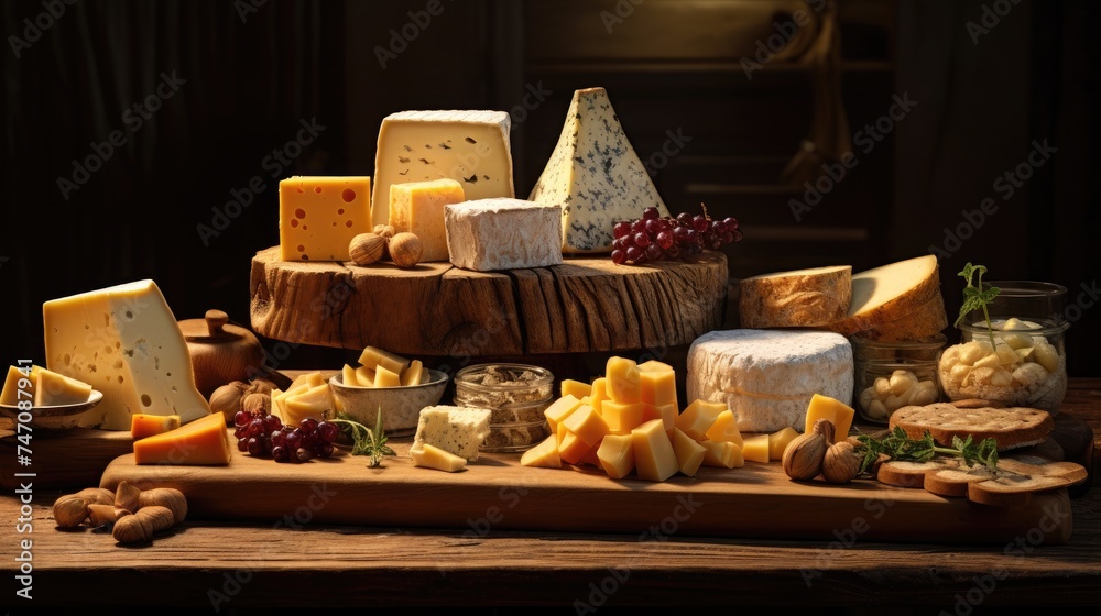 Wooden tray with various types of cheese, delicacies and fruits.