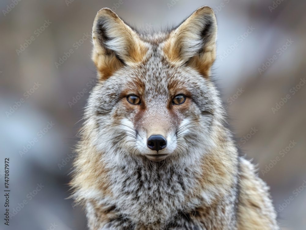 Close-up of a coyote with intense gaze and detailed fur, against a soft natural backdrop.