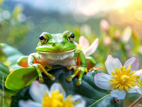 Green frog perched on lily pads with flowers  gazing into the distance.