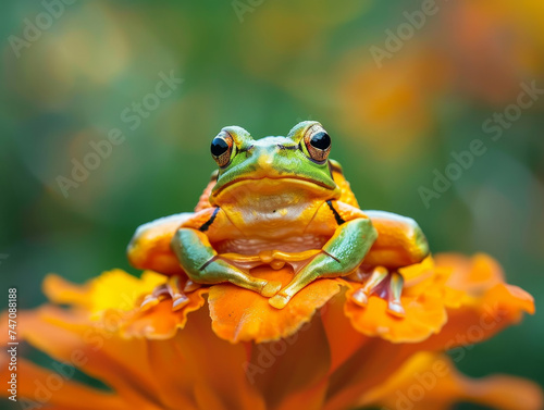 A tree frog sitting on a bright orange flower  with a soft focus background.