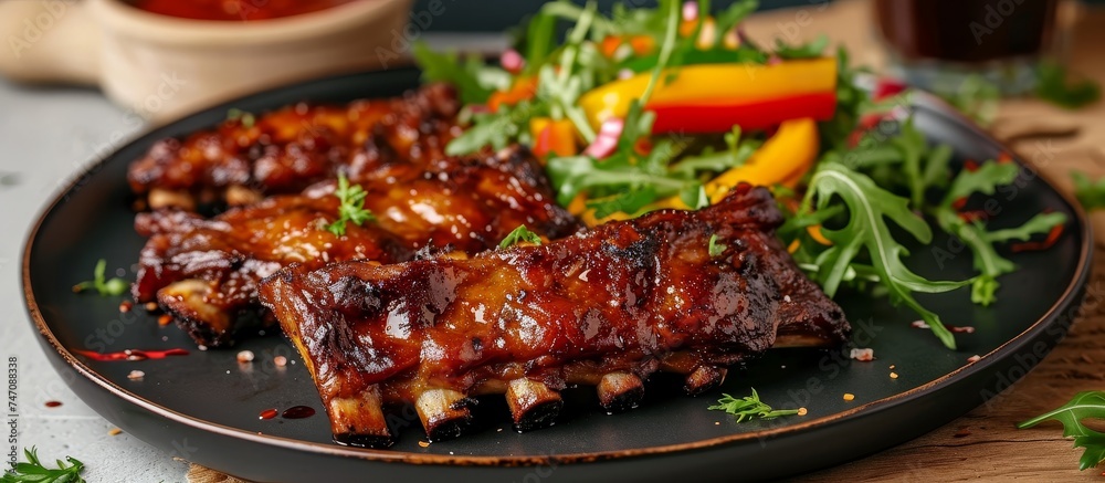 A close up of a delicious dish featuring ribs and vegetables, showcasing a mouth-watering combination of pork and produce, perfect for a hearty meal.