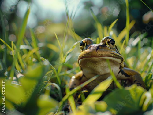 A frog peeking through the grass, blending into its natural surroundings.