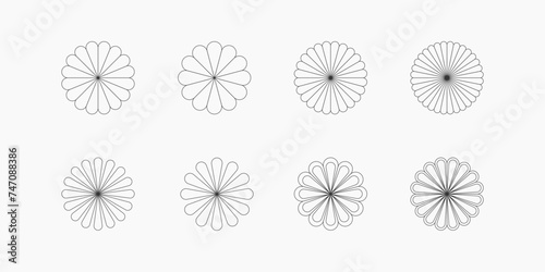 Camomile flower emblem. Set of 8 geometric shape. Modern linear design emblem. Modern abstract linear compositions and graphic design elements.