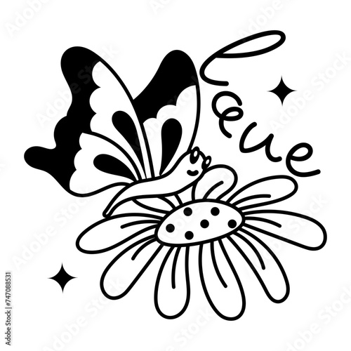 Butterfly feeding flower nectar, trendy glyph sticker 