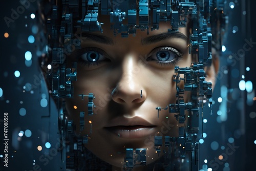 Wallpaper Mural portrait of a woman with 3D cubes and shapes, and particles around her face, symbol of augmented reality and computer technologies of future, concept of cybernetics, biomechanics and robotics Torontodigital.ca