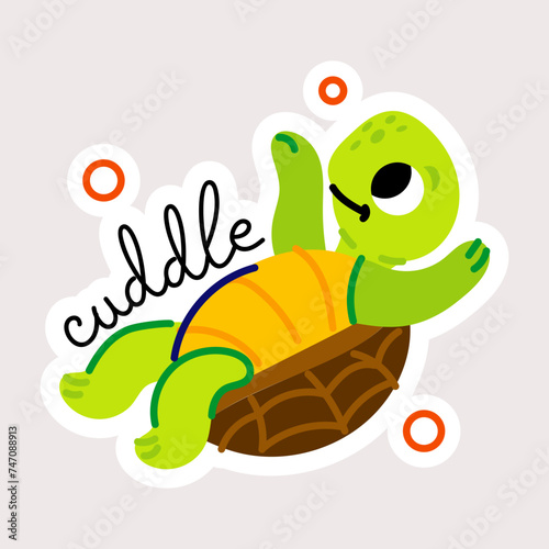 Cute flat sticker of turtle cuddle  