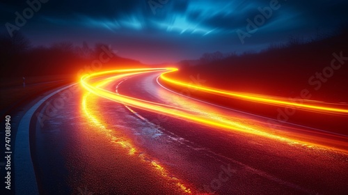 Street illumination. Bending dash trace pathway. Rapid velocity vehicle. Extended amber and crimson motion. Radiant road display. 