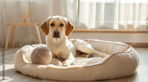 cute Labrador dog lying on the bed and doll on the side.