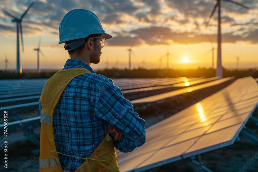 A silhouette technician constructing a solar panel factory among a wind farm using renewable energy sources for an environmentally friendly and sustainable power solution. A silhouette technician constructing a solar panel factory among a wind farm using renewable energy sources for an environmentally friendly and sustainable power solution.